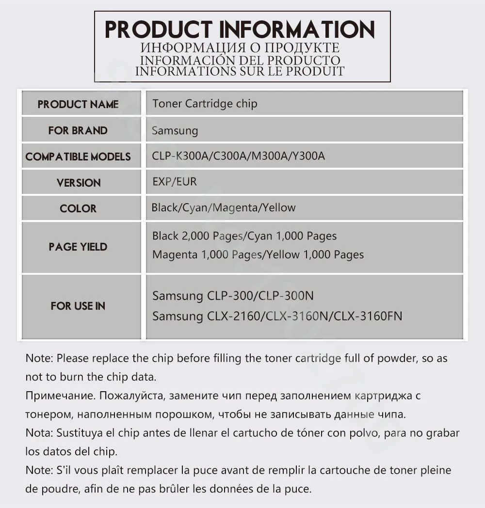 Toner cartridge chip K300A C300 M300 Y300A refill Reset chips 2SET for samsung clp-300 CLX-2160 3160FN