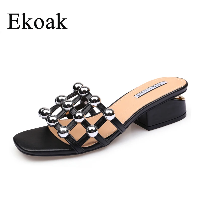 Vente Ekoak Véritable Vache En Cuir Damier Rivets Femmes Sandales D été Chaussures Femme Mode Haute Talons Plage Gladiateur Femmes Sandales