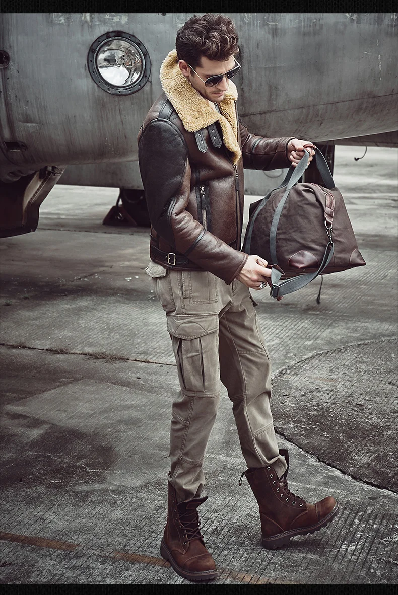 Для Мужчин's Дубленки кожаная куртка светло-коричневый B3 куртка Для мужчин пальто с мехом авиации Leather пальто пилота летная куртка