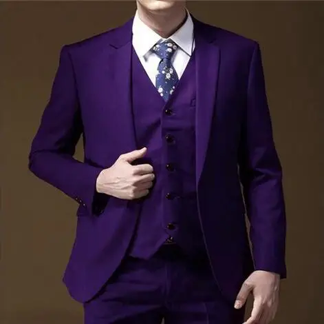 High quality Purple Notched lapel Men Suits Slim Fit Suits Bespoke Groom Tuxedo Blazer for Wedding Prom Jacket Pants with Vest