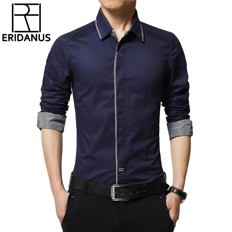 

2016 Spring Men's Dress Shirts Solid High Quality Cotton Male Long Sleeve New Korean Style Slim Fit Business&Casual Shirt M050