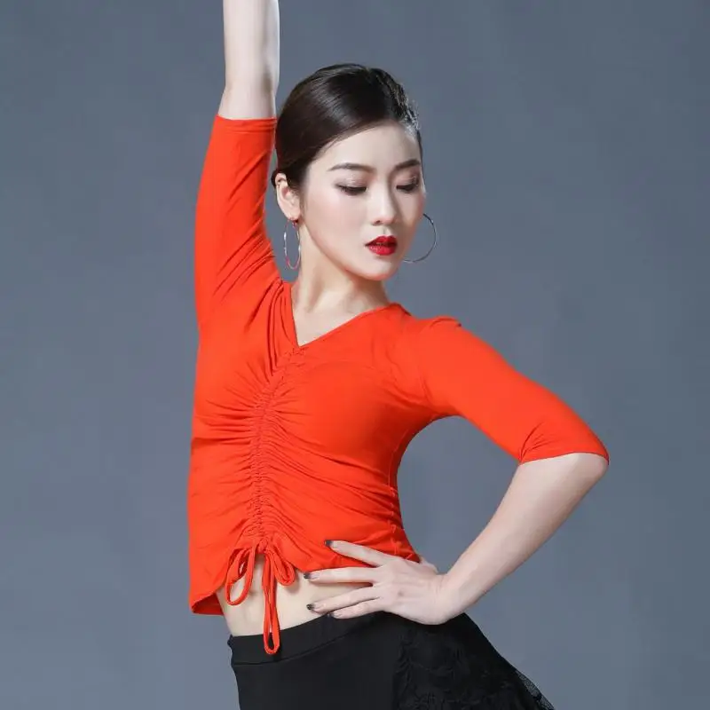 

Spring And Summer New Practice Adult Latin Dance Tops Shirt Short Sleeve Sexy Ballroom Modern Dance Costumes Sexy Drawstring