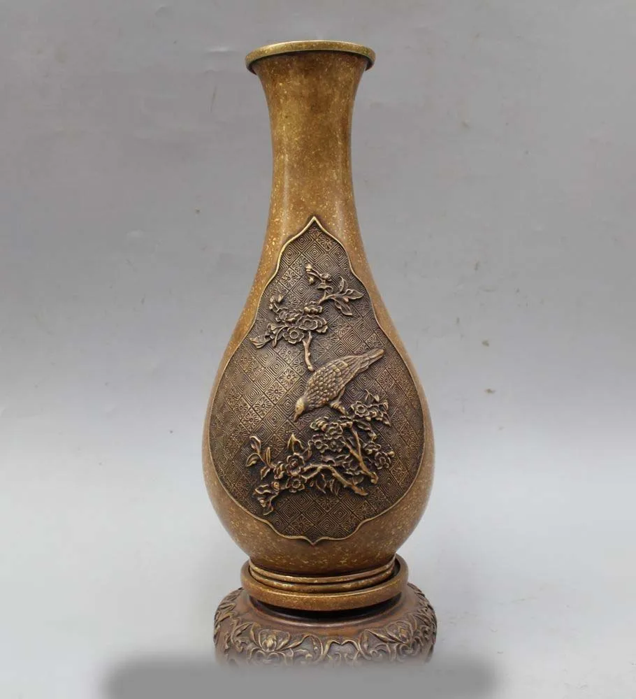 

13" Chinese Dynasty Palace Pure Bronze picapica magpie Bird Vase Pot Jar Crock