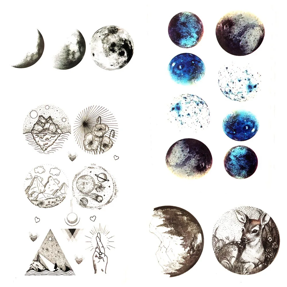 

Round Universe Moon Flash Watercolor Planets Tattoo Sticker Mountain Men Body Hansd Art Temporary Tattoo Women Arm Tatoo River