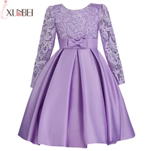 Кружевные фиолетовые платья с цветочным узором и длинными рукавами для девочек г. Милое бальное платье с поясом, платья для первого причастия пышные платья для девочек
