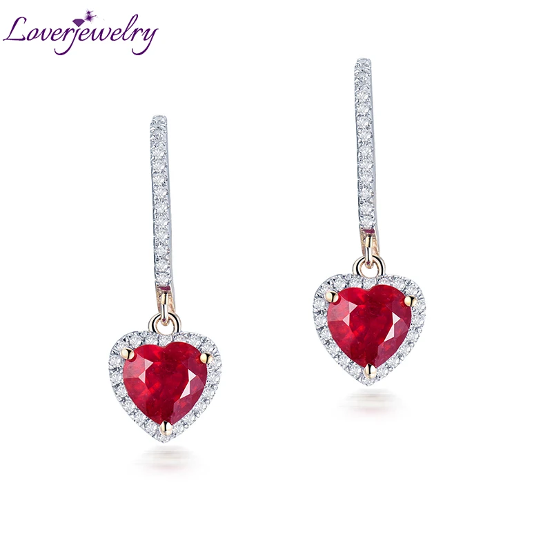 LOVERJEWELRY, Женские Ювелирные изделия, серьги-гвоздики, Ретро стиль, сердце, 6x6 мм, 14 к, желтое золото, бриллиант, модный подарок, красный рубин, серьги