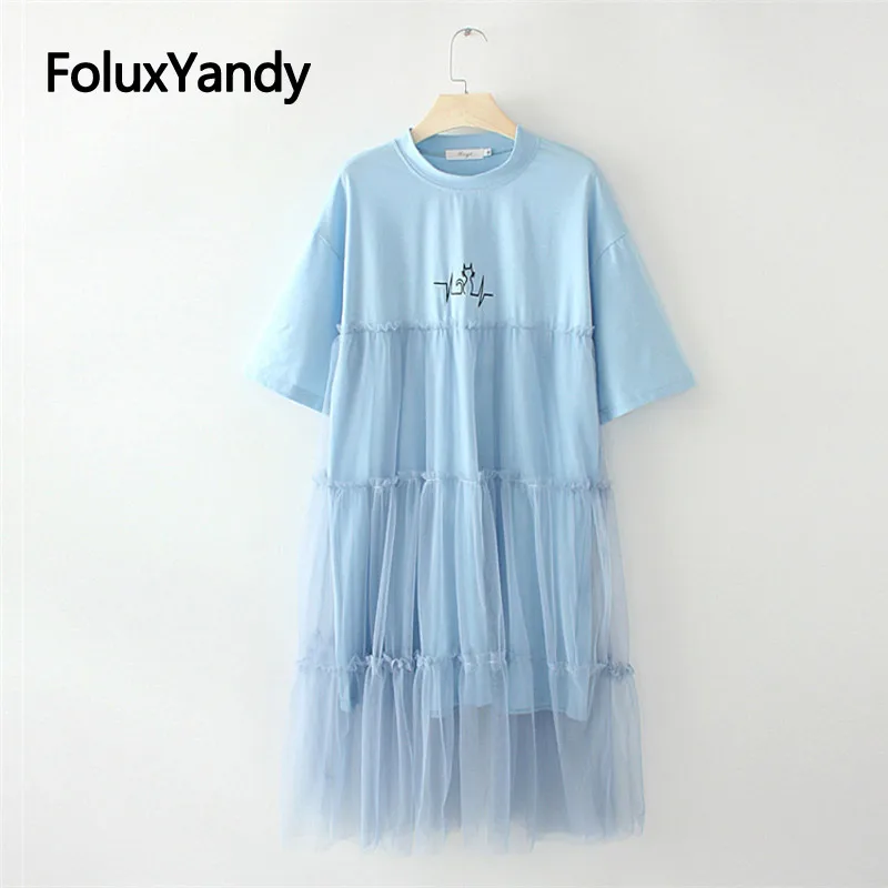 

Mesh Pleated Dress New Vestidos Women Casual Summer Short Sleeve Midi Dress Black Blue White KKFY3583