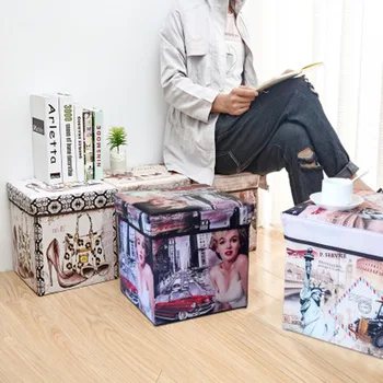 

British Retro Print Multi-function Non-woven Folding Storage Stool Sit Box Shoes Organize Vintage Printed Filmr Home Decoration