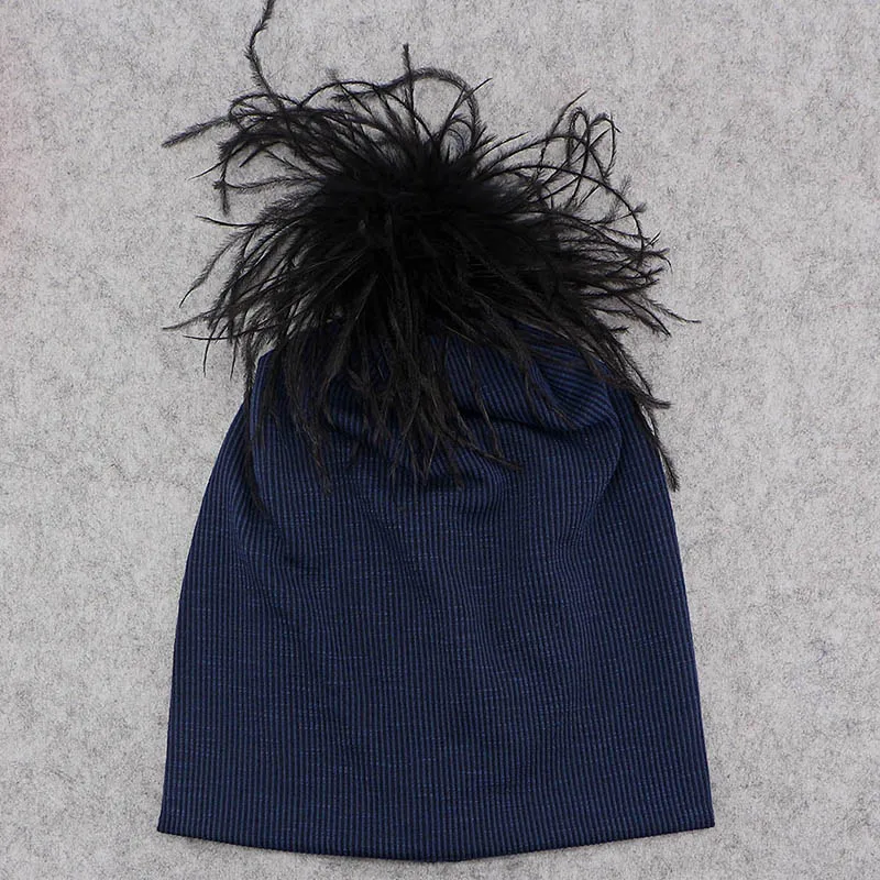 GZHILOVINGL/Новинка года; стильная зимняя теплая Шапка-бини в рубчик для женщин; настоящий Страус для девочек; меховая шапка с помпонами - Цвет: Navy blue 3