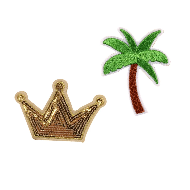 

1pcs New Sequins Crown Patch Embroidery Cocount Tree Clothes Patches Iron On Motifs Garment Sticker Appliques Clothing DIY Decor