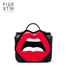 Figestin frauen crossbody taschen pu schwarz weiß mini top-griff totes handtaschen umhängetasche cartoon rote lippen nette extravagantes design