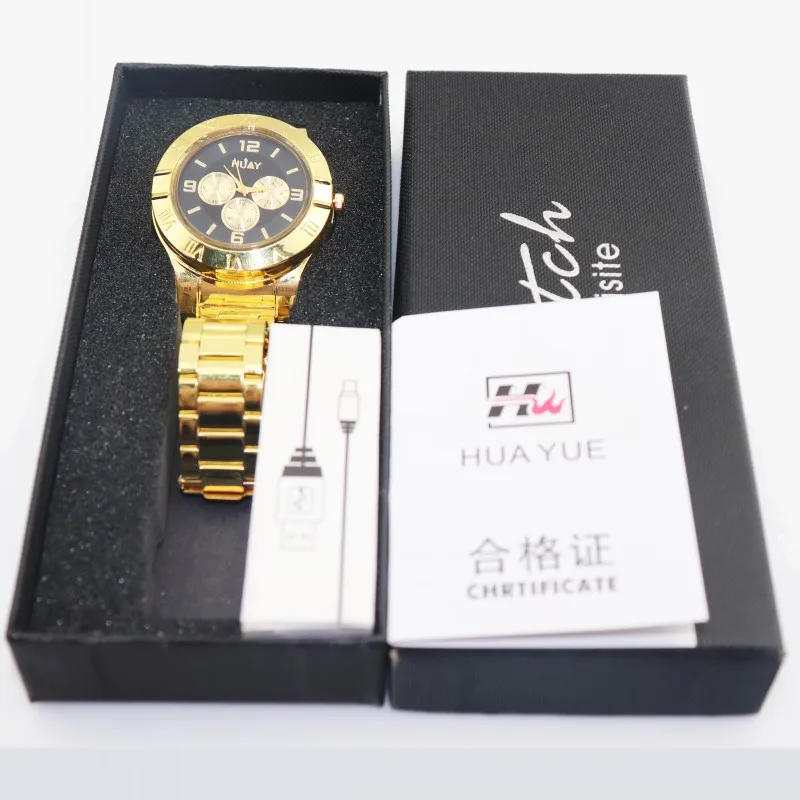 Зажигалка часы мужские USB Перезаряжаемый Золотой ремешок из нержавеющей стали повседневные Модные кварцевые часы с зажигалкой F780 1 шт