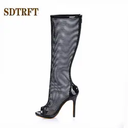 SDTRFT/стильные летние сапоги до колена на тонком каблуке 12 см, обувь с открытым носком, женские туфли-лодочки на молнии
