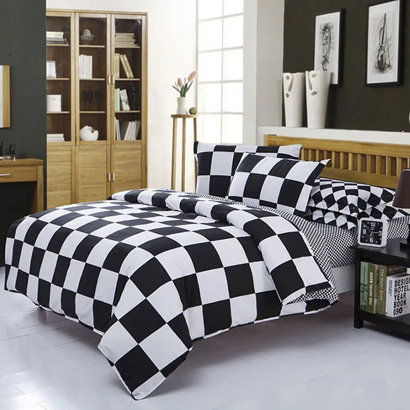 Cotton Plaid Bedding Sheet Set Striped Classic Black White Duvet Cover