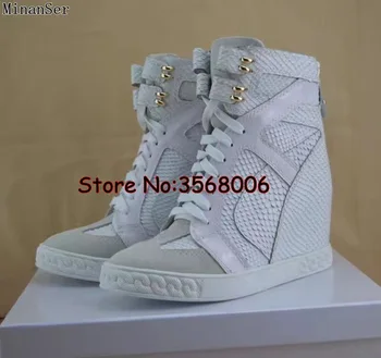 

Original Leather Metal Toe Women Height Increasing Tie Up Casual Outdoor Sneakers High Top Lady Ankle Boots Wedge Lady Shoes