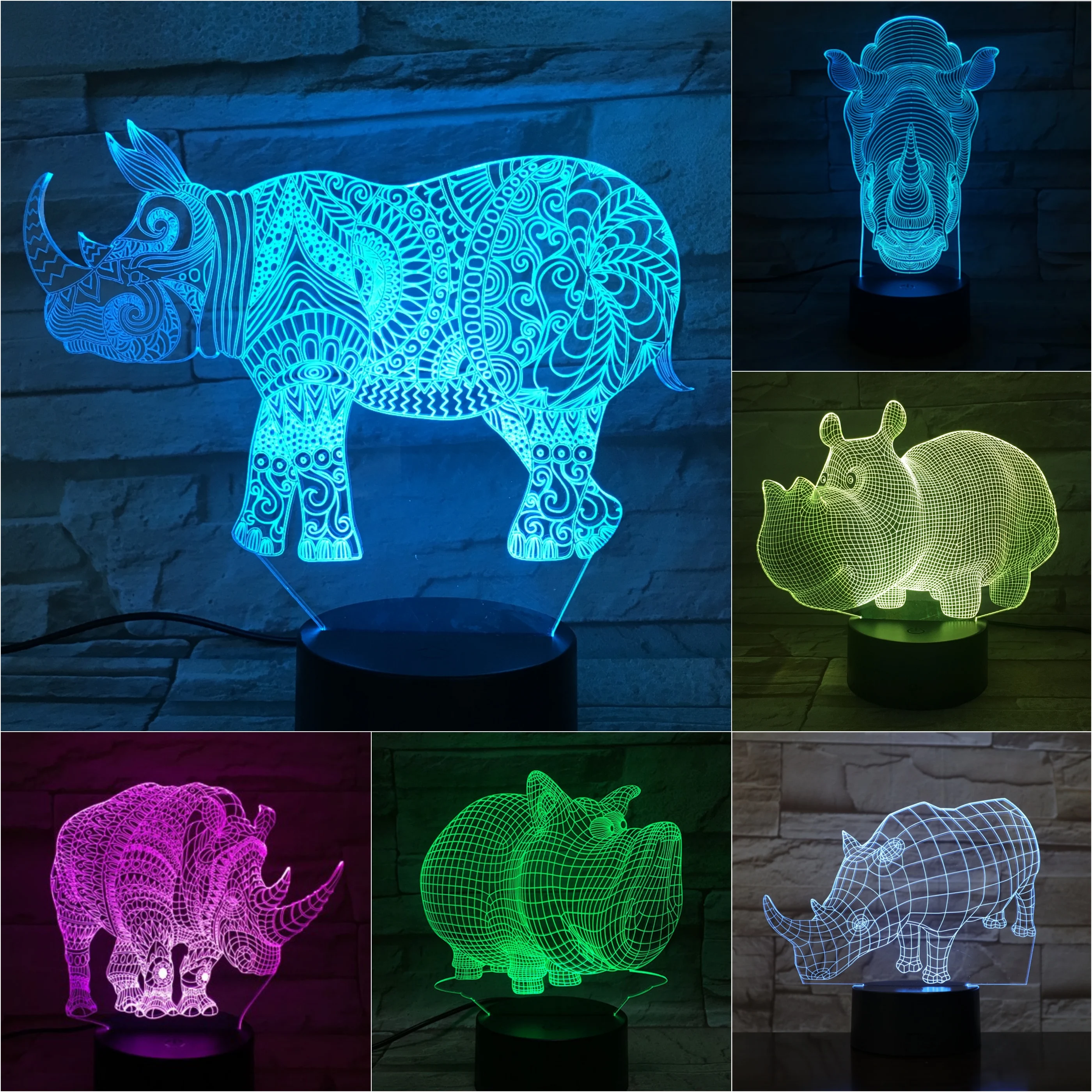 

Rhinoceros 3D Lamp Lampara Touch Sensor Child Kids Baby Gifts Nightlight Mandala Decor Novelty Lighting Paisley LED Night Light