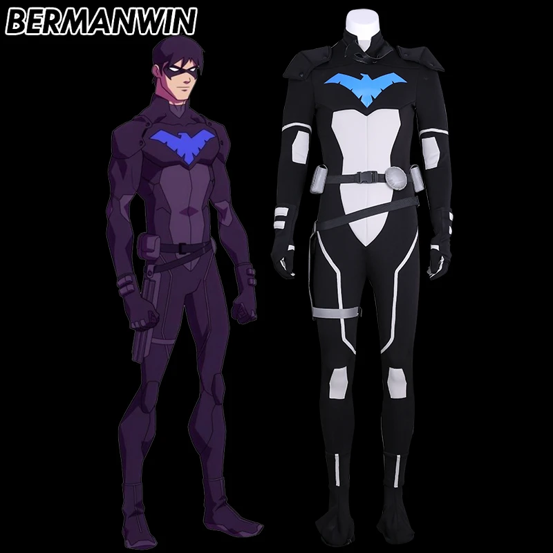 BERMANWIN высокое качество Young Justice костюм найтвинга полный комплект для взрослых мужчин ночное крыло Робин Хэллоуин Косплей Костюм