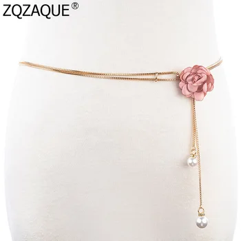 

New Chic Stylish Ladies Metal Chain Adjustable Waistbands Diamonds Pearl Decor Floral Womens Nice Straps For Dress Cintos SY1640