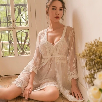 Пижамы для женщин кружевное сексуальное нижнее белье Ночная рубашка перспективный цветок летний ремень с длинным рукавом Ночной халат и платья комплект - Цвет: A Whole Set