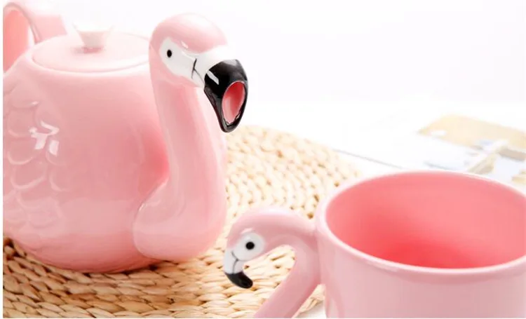 Розовый чайник с фламинго, наборы чашек, керамический кофейник, кружки, креативные чашки и кружки, кофейная посуда, посуда для напитков