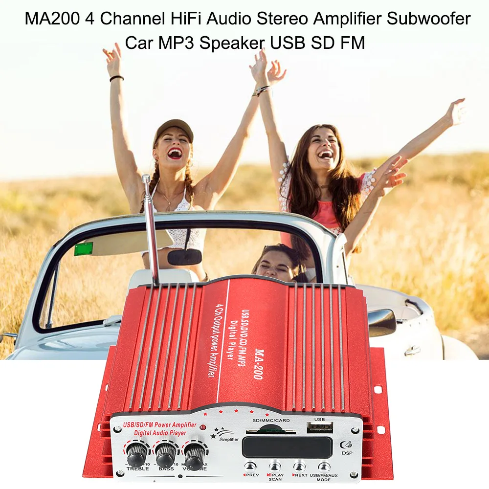 MA200 4 канала HiFi аудио стерео усилитель сабвуфер автомобильный MP3 динамик USB SD FM