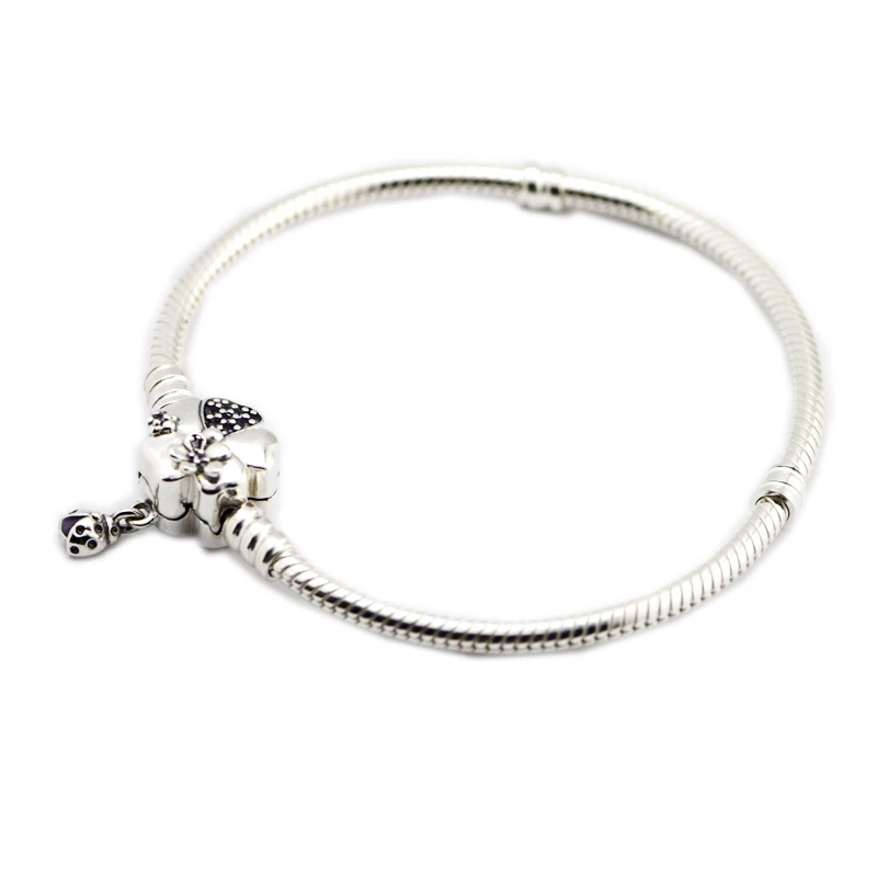 

Pandulaso Purple Flower Crystal Clasp Snake Chain Silver Bracelets for Women 2018 New Spring Silver 925 Jewelry Charms Bracelets