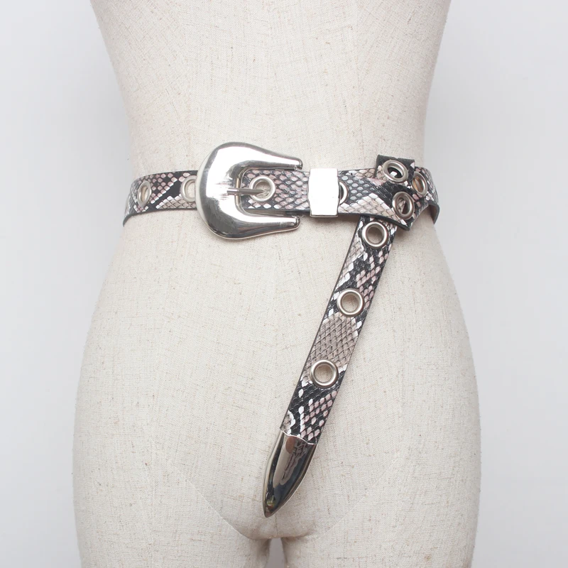 

2.3cm Wide Black White Snake Narrow PU Leather Women Belt Gold Square Alloy Pin Buckle Female Waistband Jeans Belts