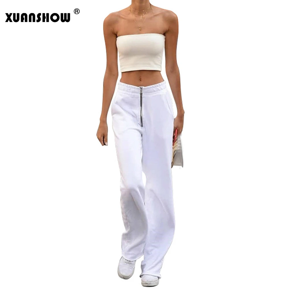 XUANSHOW Pantalon Femme 2019 Новая мода Широкие брюки для женщин однотонные белые молнии Fly Высокая талия брюки для девочек уличные брюки Mujer