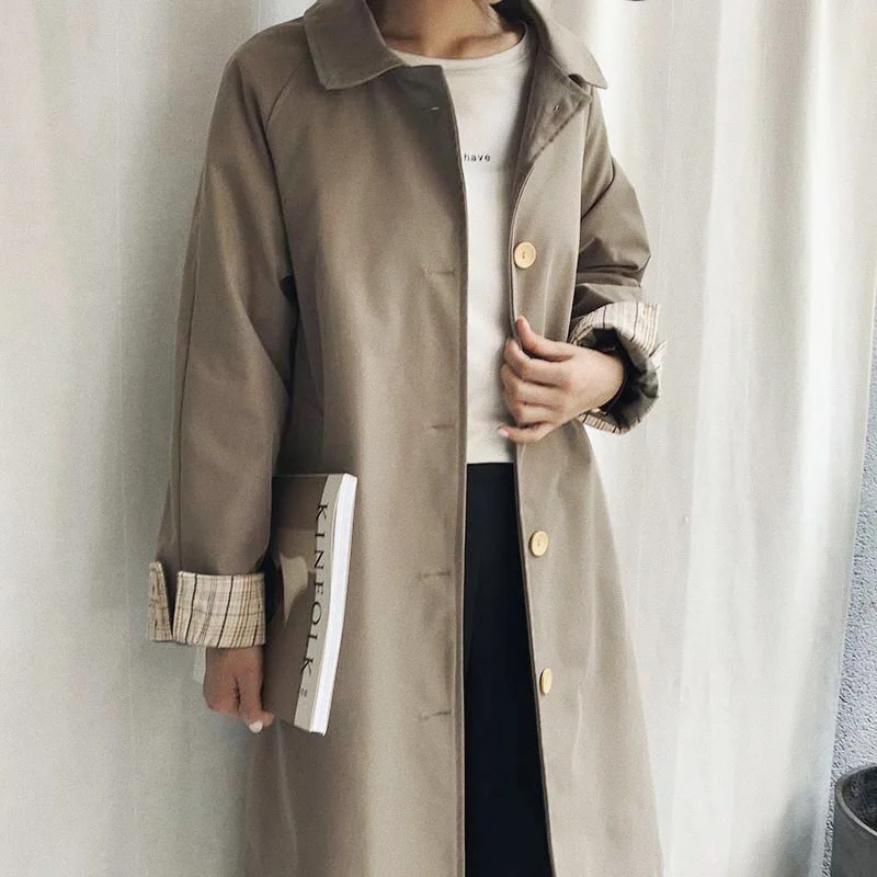 Mooirue Spring Women Windbreaker Trench Coat Slim Cotton Cuff Buckle Long Harajuku Vintage Cardigan Feminine Coat