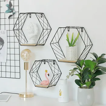 

European ins iron hexagonal grid wall mounting shelf combination wall hanging living room bedroom geometric wall decoration