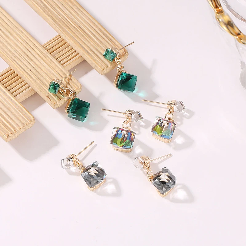 

Sale CZ Cube Pandent Drop Earring For Women With Stones Crystal Clear Green Color Dangle Earrings Jewelry Gift