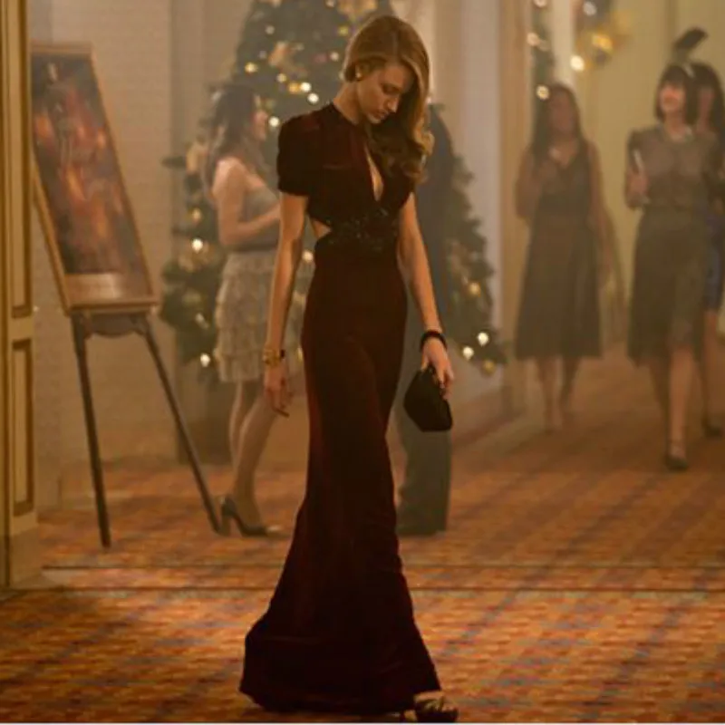 Long-Blake-Lively-Red-Carpet-Celebrity-Dresses-2016-Burgundy-Velvet-Evening-Gowns-with-Short-Sleeves