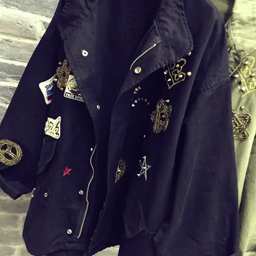 Women Cotton Jacket Coat Fashion Women Bomber jacket Embroidery Applique Rivets Oversize Women Coat Army Green Cotton Coat