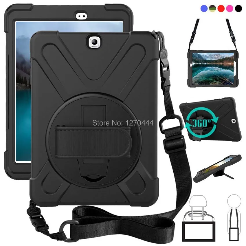 

For Samsung Galaxy Tab S2 9.7 SM-T810 T811 T813 T815 T819 PC+Silicone hard Cover 360 Swivel Stand hold, Hand Strap & Neck Strap