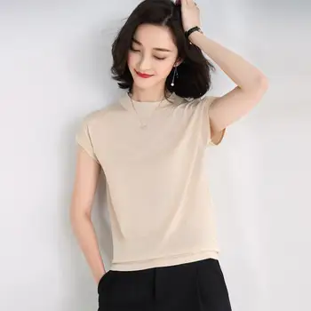 

Small collar thin knitted sweater short sleeve women's pure color T-shirt Summer 2019 new women's T-shirt