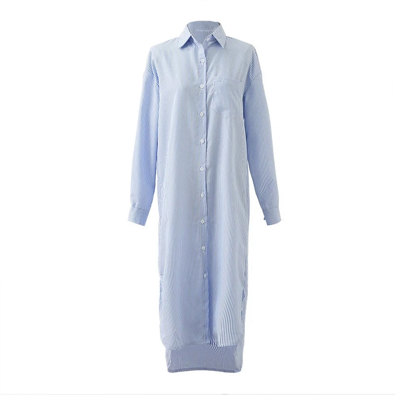 Женская Длинная блузка в полоску с отложным воротником и карманами 2019|blouses for