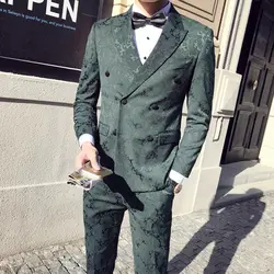 Цветочный узор жаккарда костюм Для мужчин 2019 Slim Fit 3 предмета Для мужчин s двубортный костюмы цвет: черный, Синий Зеленый Пром Вечерние