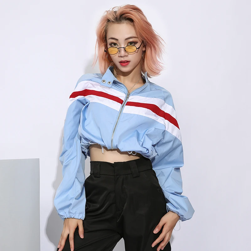 discounted  Rapwriter Panelled Strip Patchwork Bomber Women Jackets 2019 Spring Stand Collar Long Sleeve Drawst