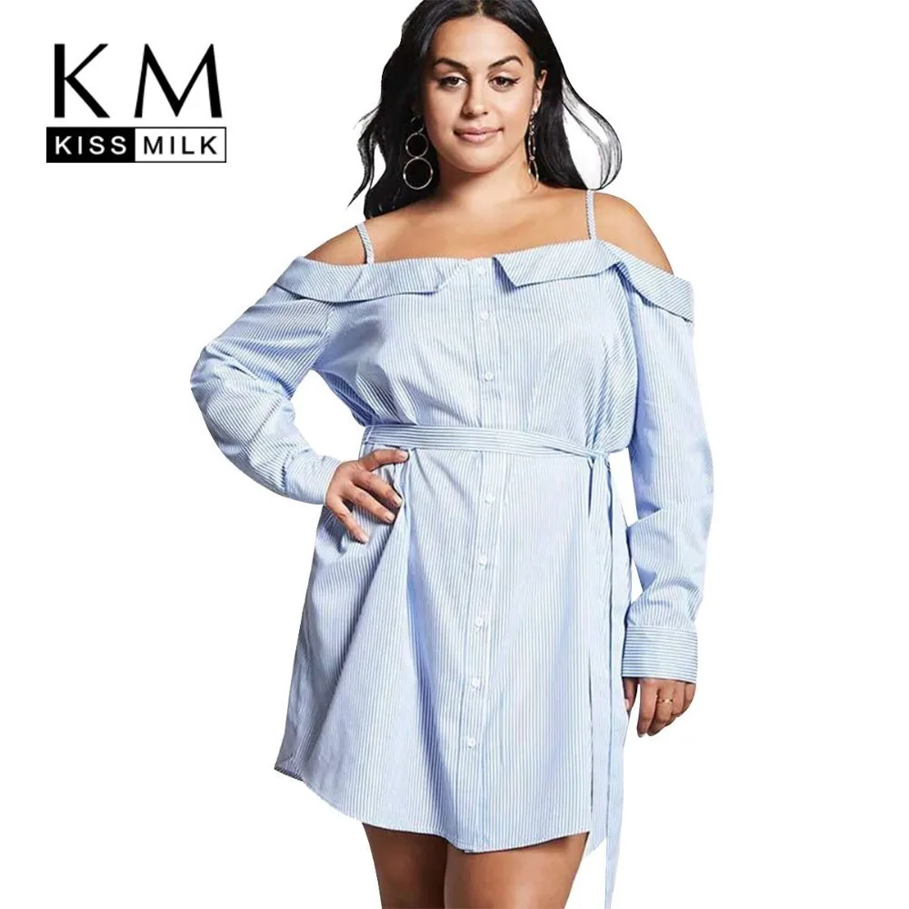 

Kissmilk Plus Size Women Dress Simple Commuter Sling Strapless Sexy Lace Long Sleeve Shirt Dress