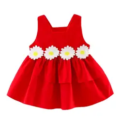 Летнее платье для девочки корейский стиль сладкий платье с цветочным принтом О-образный воротник, без рукавов одежда из хлопка для девочек