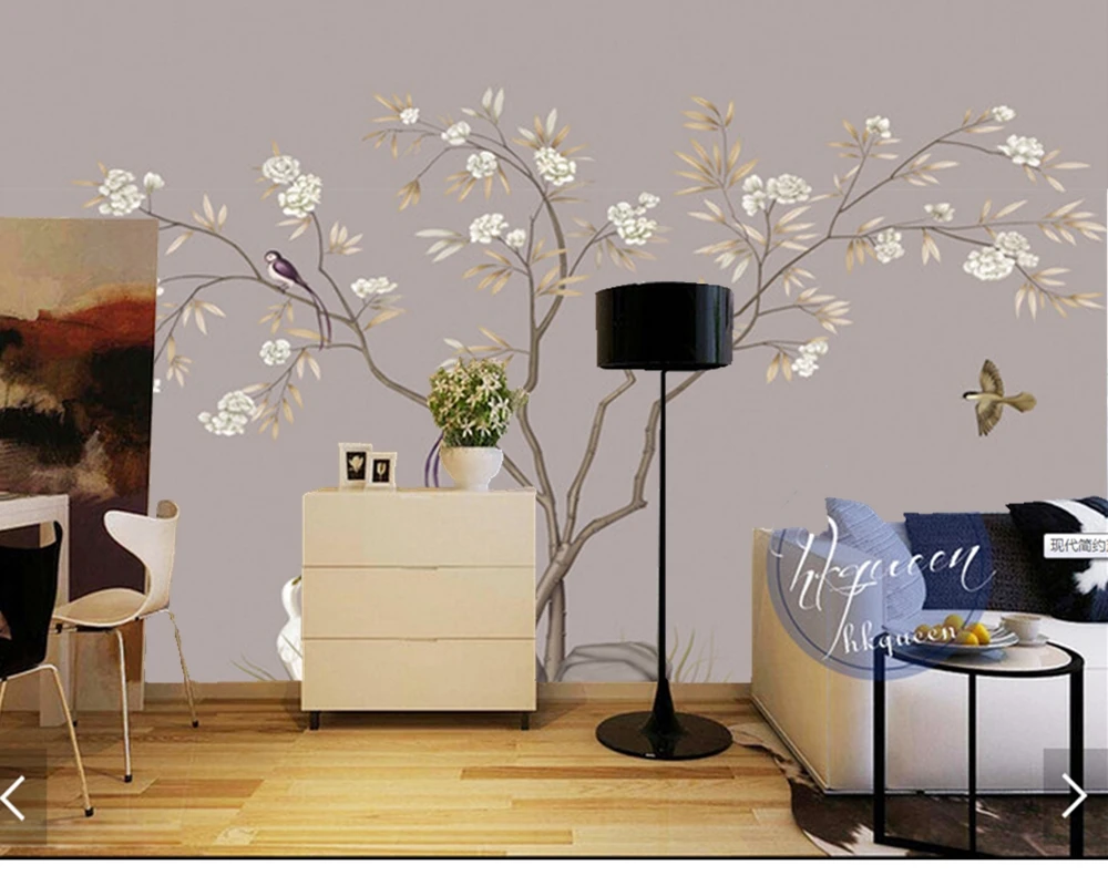 Пользовательские цветочные обои, ручная роспись сливы птица фрески для гостиной спальни ТВ фон стены papel де parede