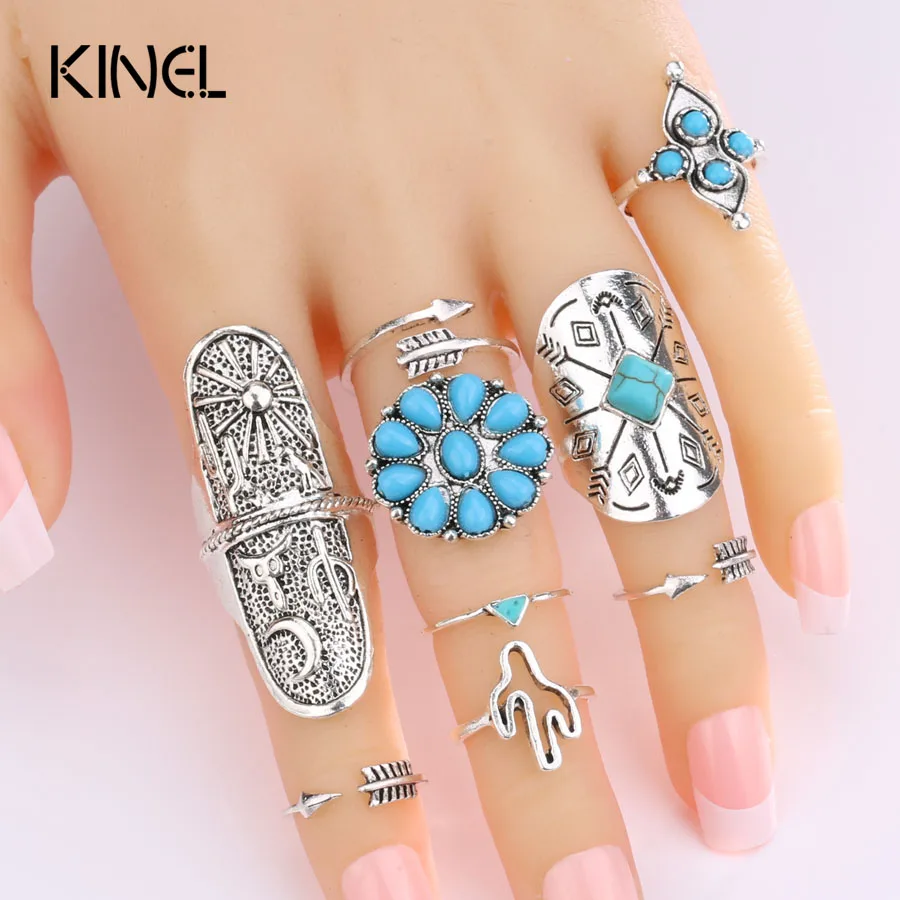 

Kinel Fashion 9Pcs/Sets Blue Stone Bohemian Knuckle Rings For Women Vintage Steampunk Cross Flower Anillos Ring Set 2017 New Jew