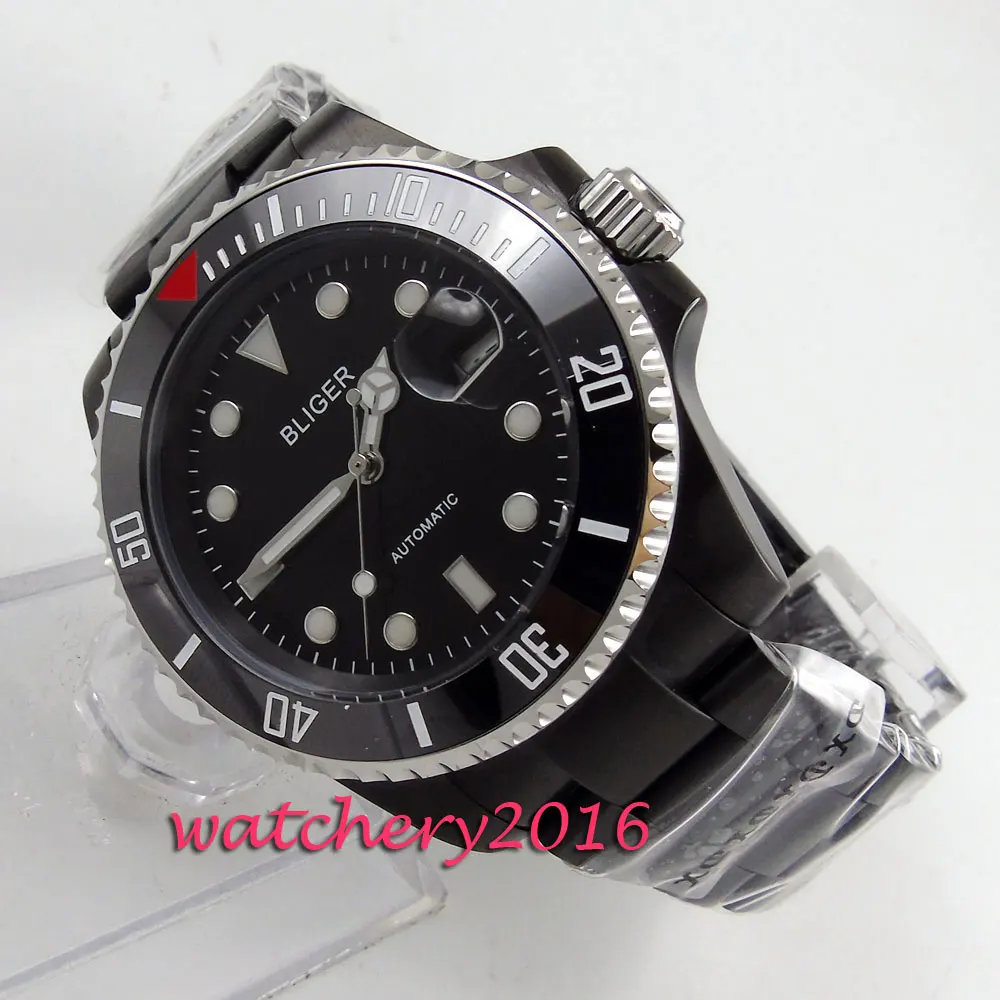 

New 40mm Bliger black dial PVD case ceramic bezel sapphire date miyota automatic movement Men's watch