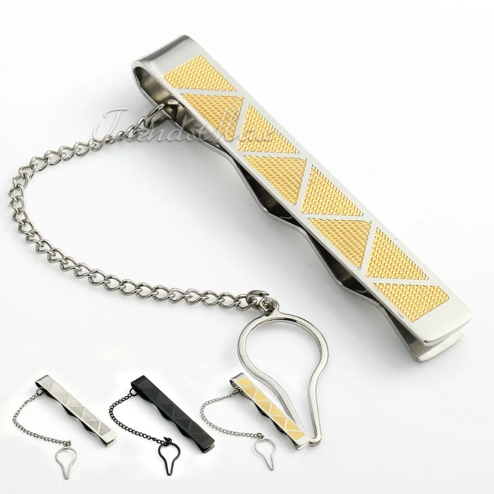 

7mm Silver Gold Black Tone Stainless Steel Slide Tie Clip Clasp Bar Pin w Chain