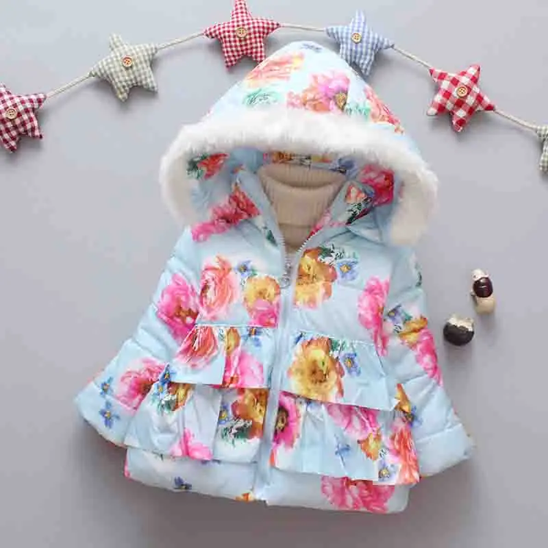 Bibicola зима новорожденных обувь для девочек верхняя одежда с капюшоном зимняя бабочка печати младенческой пальто новорожденн - Цвет: Синий