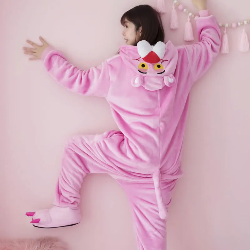 Зимняя кигуруми Милая Розовая пантера женская пижама детская с капюшоном Комбинезоны для взрослых детей цельная Пижама с животными одежда для сна Пижама