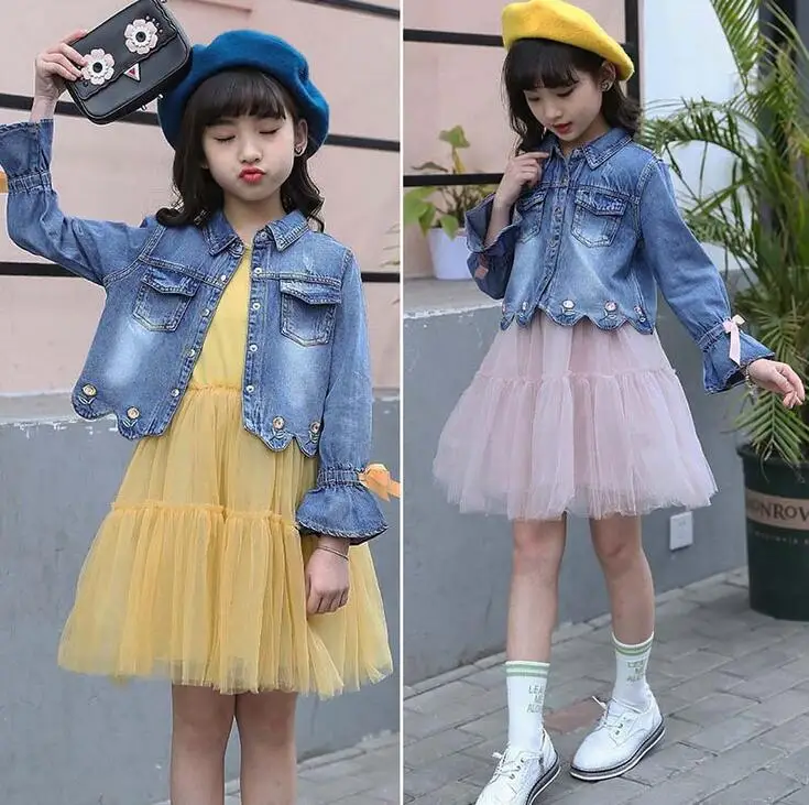 

New Summer Girls Jeans Jacket Tulle tutu dress Clothing Set Jeans Coat Tracksuit Outfits vetement fille For 4 6 8 10 12 14 Years