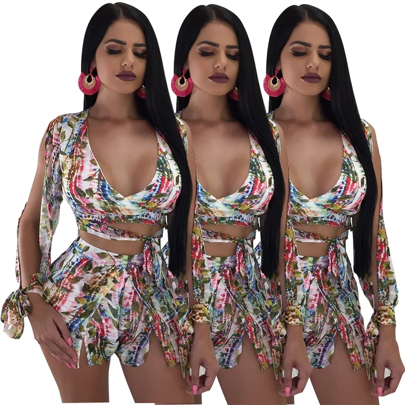 

Women 2 Piece Outfit Floral Print Spaghetti Strap Crop Tops with Shorts for Beach