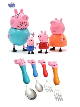 

Genuine Peppa Pig girl action character 4 piece set toy set tableware training tray breakfast action pink pig party toy gift