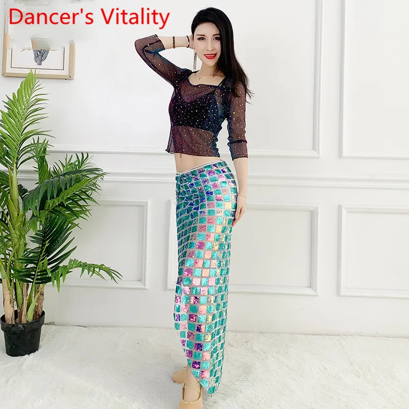 

Belly Dance Practice Clothes 2019 New Summer Train Outfits Top Skirt Set Sequin Oriental Indian Dancing Competition Costume Suit